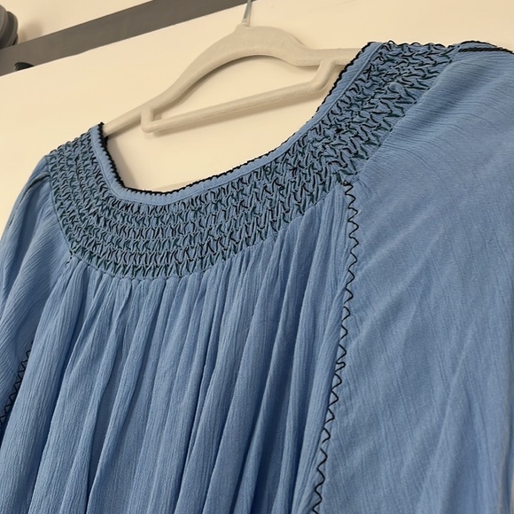 Free People Boho Dress Wind Willow LARGE Blue Stitched Embroidery Long Sleeve - Picture 8 of 11
